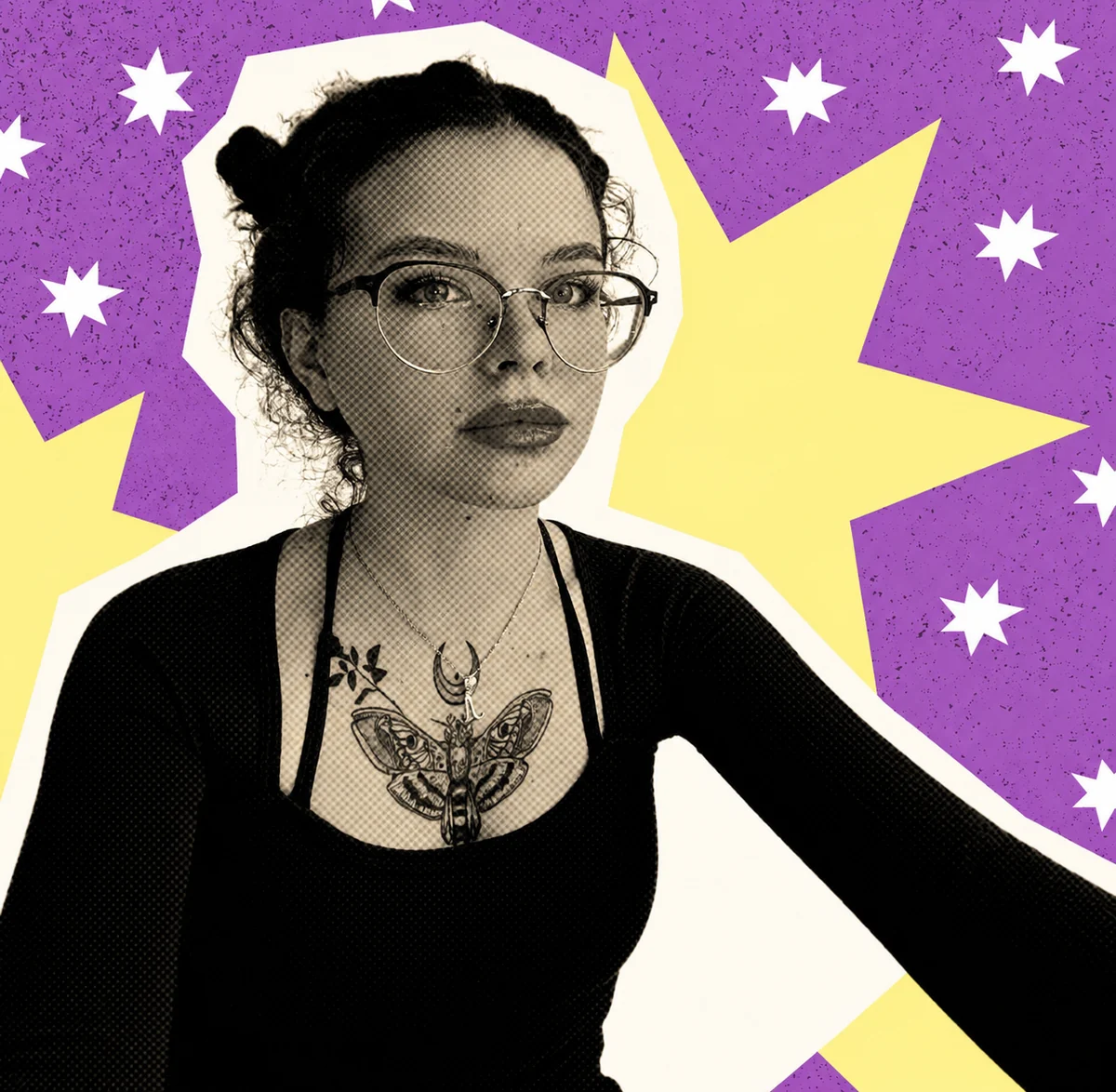 Booba, tattoo artist, in a halftone zine collage against purple and yellow stars